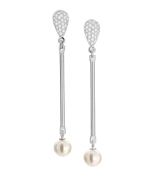 RHODIUM PLATED EARRING WITH PEARL AND ZIRCONIA