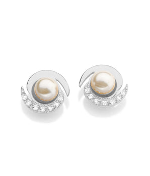 RHODIUM PLATED EARRING WITH PEARL AND ZIRCONIA
