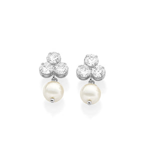 RHODIUM PLATED EARRING WITH PEARL AND ZIRCONIA