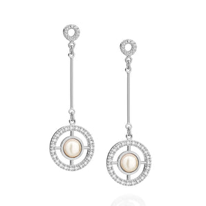 RHODIUM PLATED EARRING WITH PEARL AND ZIRCONIA
