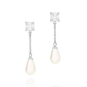 RHODIUM PLATED EARRING WITH PEARL AND ZIRCONIA