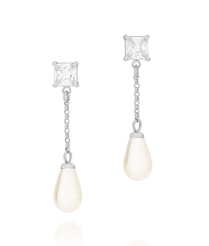 RHODIUM PLATED EARRING WITH PEARL AND ZIRCONIA