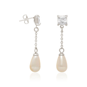 RHODIUM PLATED EARRING WITH PEARL AND ZIRCONIA