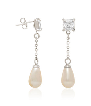 RHODIUM PLATED EARRING WITH PEARL AND ZIRCONIA