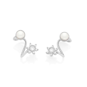 RHODIUM PLATED EARRING WITH PEARL AND ZIRCONIA