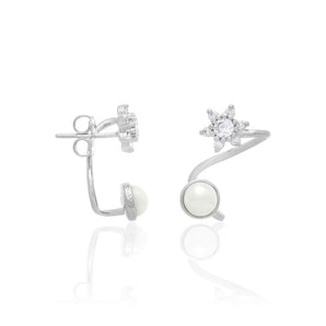 RHODIUM PLATED EARRING WITH PEARL AND ZIRCONIA