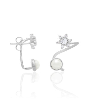 RHODIUM PLATED EARRING WITH PEARL AND ZIRCONIA
