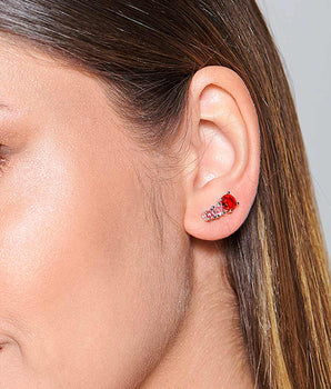 RHODIUM TRIPLE ZIRCONIA EAR CUFF IN RED AND PINK