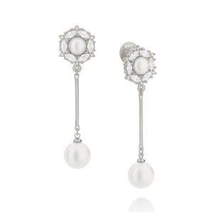 RHODIUM PLATED EARRING WITH PEARL AND ZIRCONIA