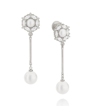 RHODIUM PLATED EARRING WITH PEARL AND ZIRCONIA