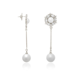 RHODIUM PLATED EARRING WITH PEARL AND ZIRCONIA