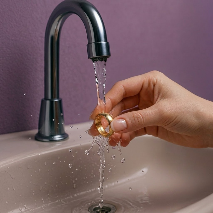 Woman's hand holds a gold wedding band under running water from a bathroom faucet.