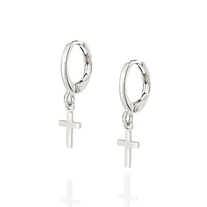 PLATINUM SMALL CROSS HUGGIE EARRINGS