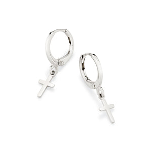 PLATINUM SMALL CROSS HUGGIE EARRINGS