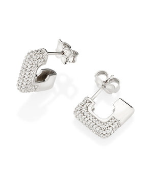 PLATINUM SQUARE STUDDED SMALL HOOP EARRINGS