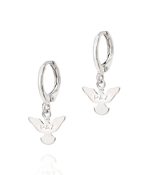 PLATINUM HOLY SPIRIT PAZ (PEACE) HUGGIE EARRINGS