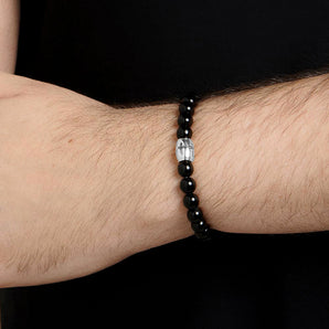 MEN'S PLATINUM CROSS BEADED BRACELET