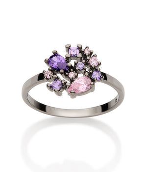 BLACK RHODIUM ABSTRACT RING IN LILAC