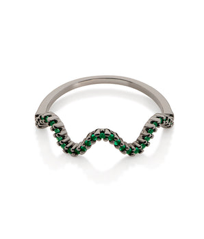BLACK RHODIUM WAVE SKINNY RING IN GREEN