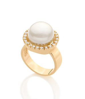 GOLD RING WITH PEARL AND ZIRCONIA