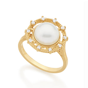 GOLD RING WITH PEARL AND ZIRCONIA