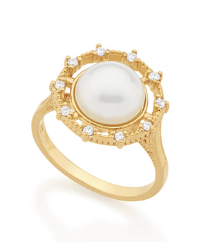 GOLD RING WITH PEARL AND ZIRCONIA