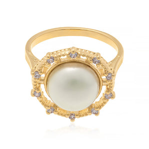 GOLD RING WITH PEARL AND ZIRCONIA