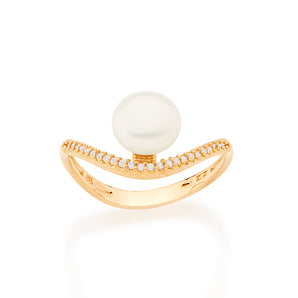 GOLD RING WITH PEARL AND ZIRCONIA
