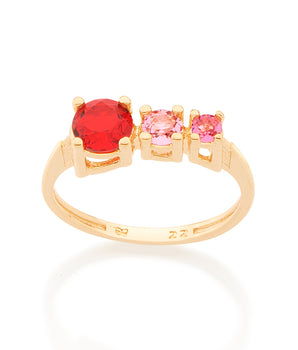 GOLD TRIPLE ZIRCONIA RING IN RED AND PINK
