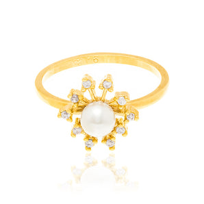 GOLD RING WITH PEARL AND ZIRCONIA