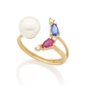 GOLD RING WITH PEARL AND ZIRCONIA