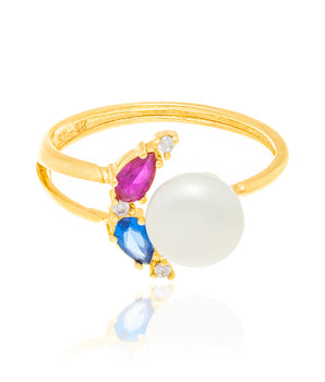 GOLD RING WITH PEARL AND ZIRCONIA