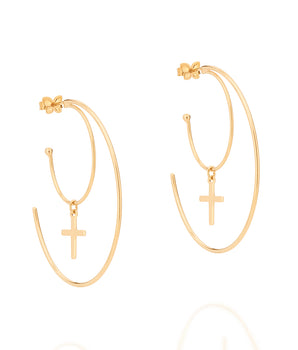 GOLD DOUBLE CROSS HOOPS EARRING