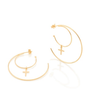 GOLD DOUBLE CROSS HOOPS EARRING