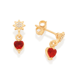 GOLD RED HEART DANGLY EARRING