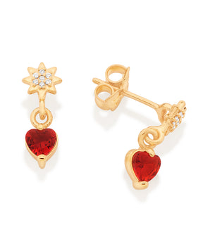 GOLD RED HEART DANGLY EARRING