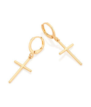 GOLD MEDIUM CROSS HUGGIE EARRINGS