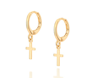 GOLD SMALL CROSS HUGGIE EARRINGS