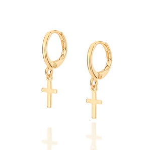 GOLD SMALL CROSS HUGGIE EARRINGS