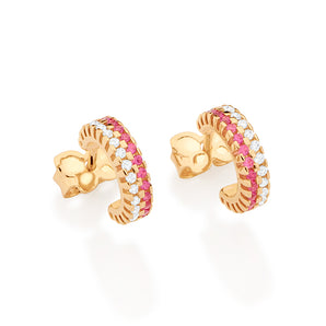 GOLD PINK AND WHITE STUDDED HUGGIE EARRINGS