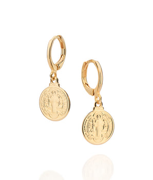 GOLD SAINT BENEDICT HUGGIE EARRINGS
