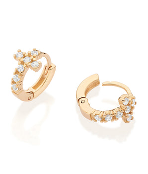 GOLD PLATED CROSS HUGGIE HOOP EARRINGS WITH ZIRCONIA