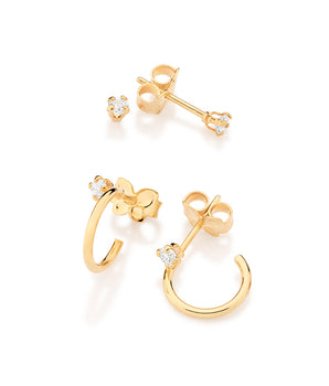 GOLD PLATED HALF HOOP SOLITAIRE ZIRCONIA EARRING SET