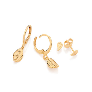 GOLD LEAVES HUGGIE EARRINGS SET