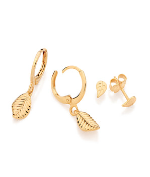 GOLD LEAVES HUGGIE EARRINGS SET