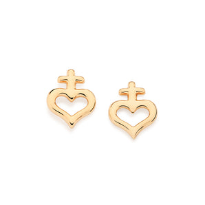 GOLD SACRED HEART CROSS STUD EARRINGS