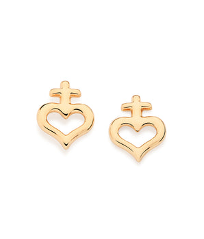 GOLD SACRED HEART CROSS STUD EARRINGS