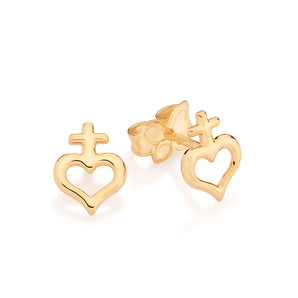 GOLD SACRED HEART CROSS STUD EARRINGS