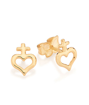 GOLD SACRED HEART CROSS STUD EARRINGS