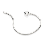 Silver jewelry by Rommanel featuring a flexible snake chain bracelet on a white background with a heart-shaped clasp and an engraved brand name with a crown symbol